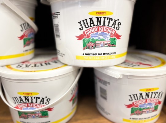 Juanita's Candy Kitchen tubs labeled variety